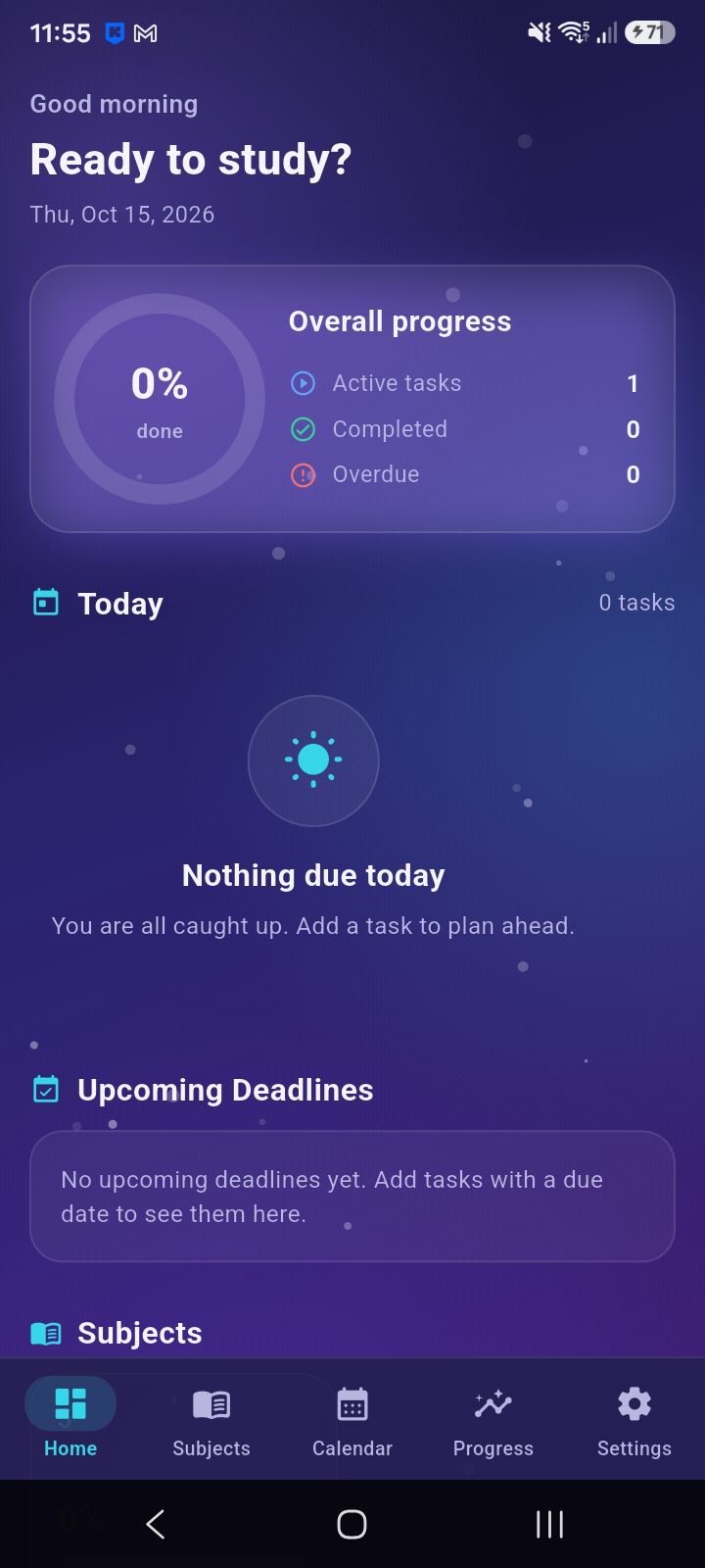 Study Buddy mobile dashboard with daily tasks and learning progress